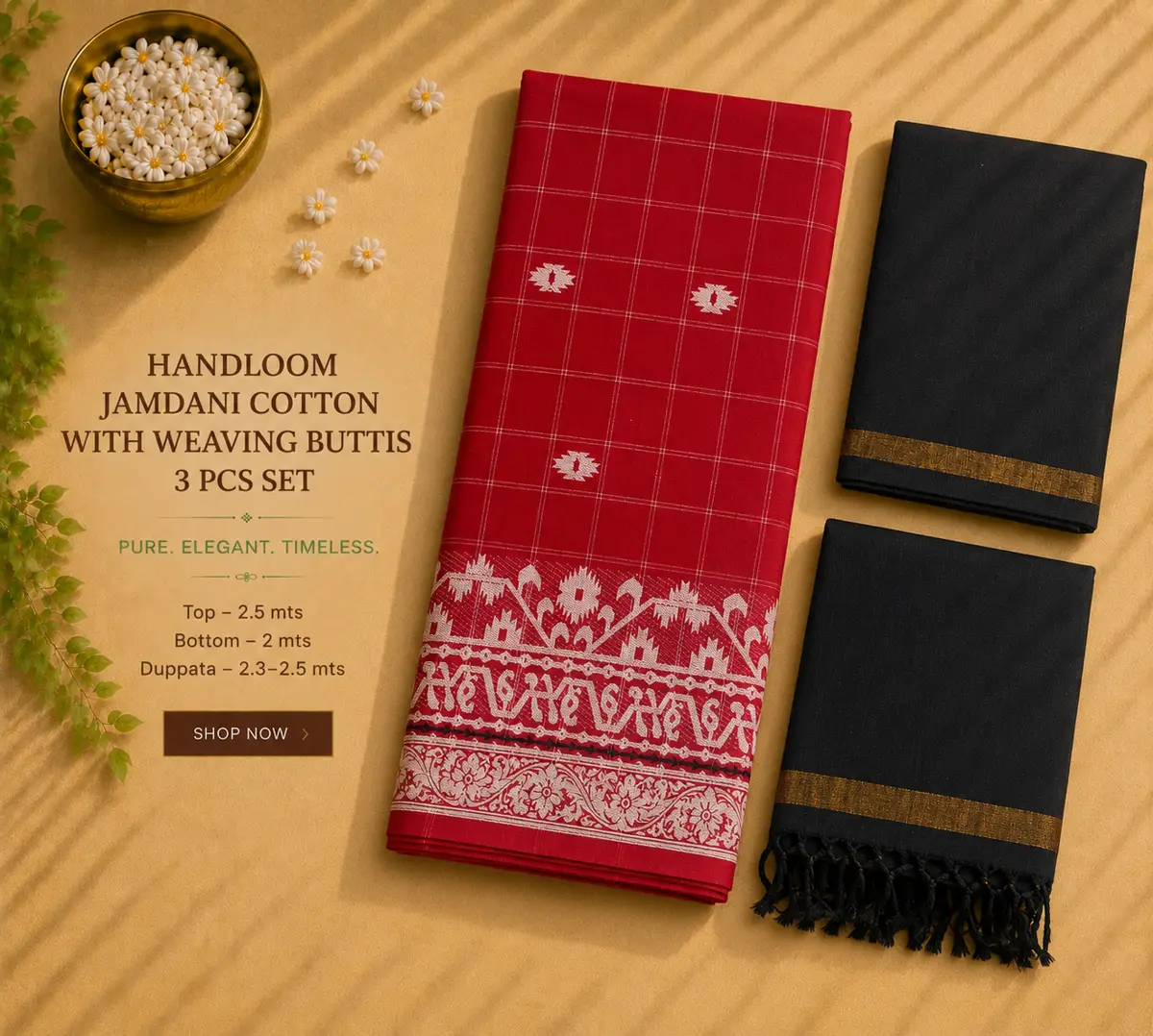 Handloom Jamdhani Cotton With Weaving buttis